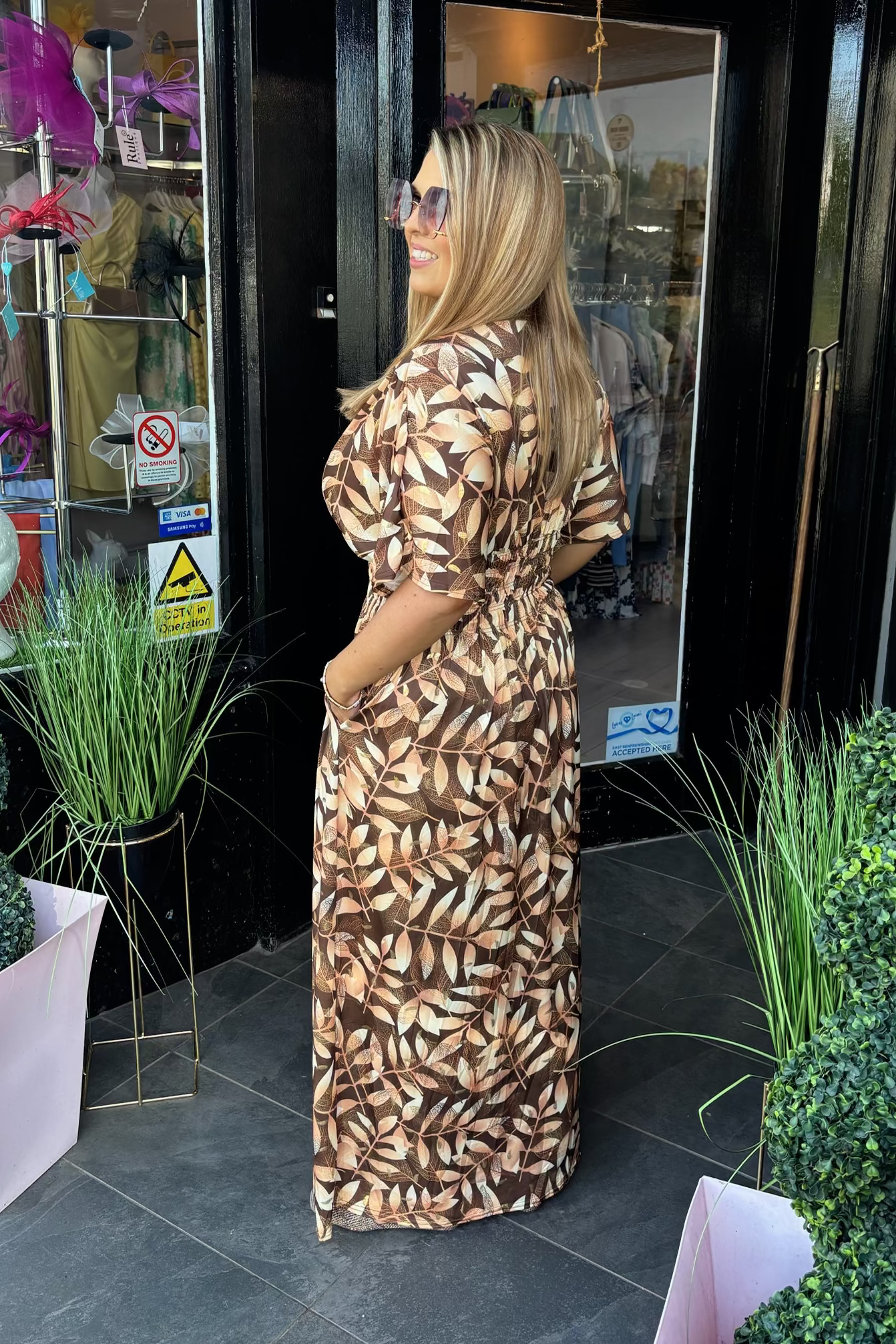 Mixed Brown & Beige Gold Metallic Lurex Leaf Print Summer Maxi Dress