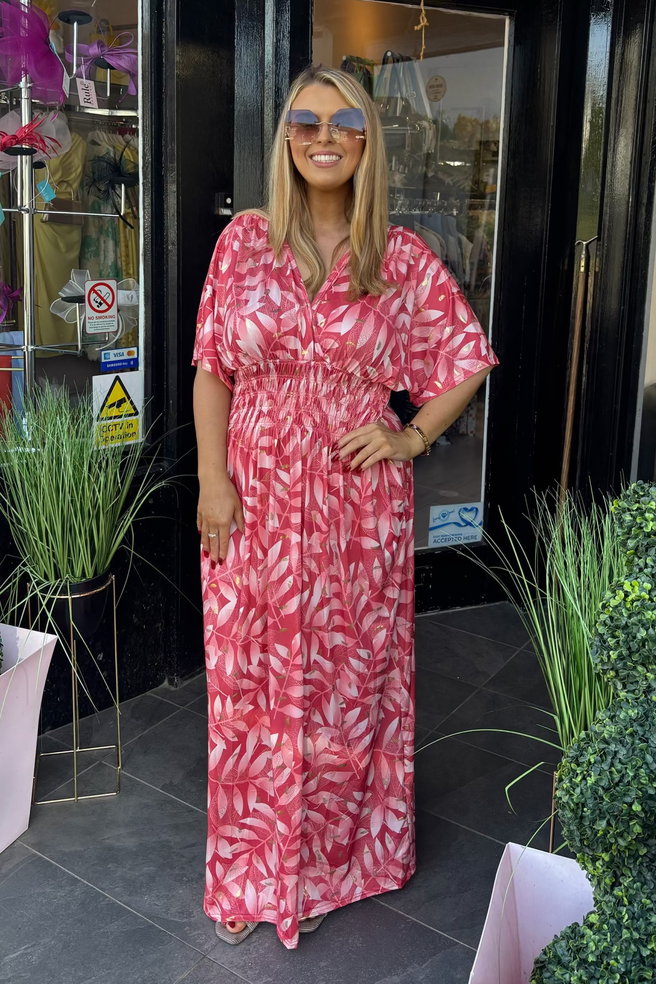 Mixed Berry Pink Tone Gold Metallic Lurex Leaf Print Summer Maxi Dress