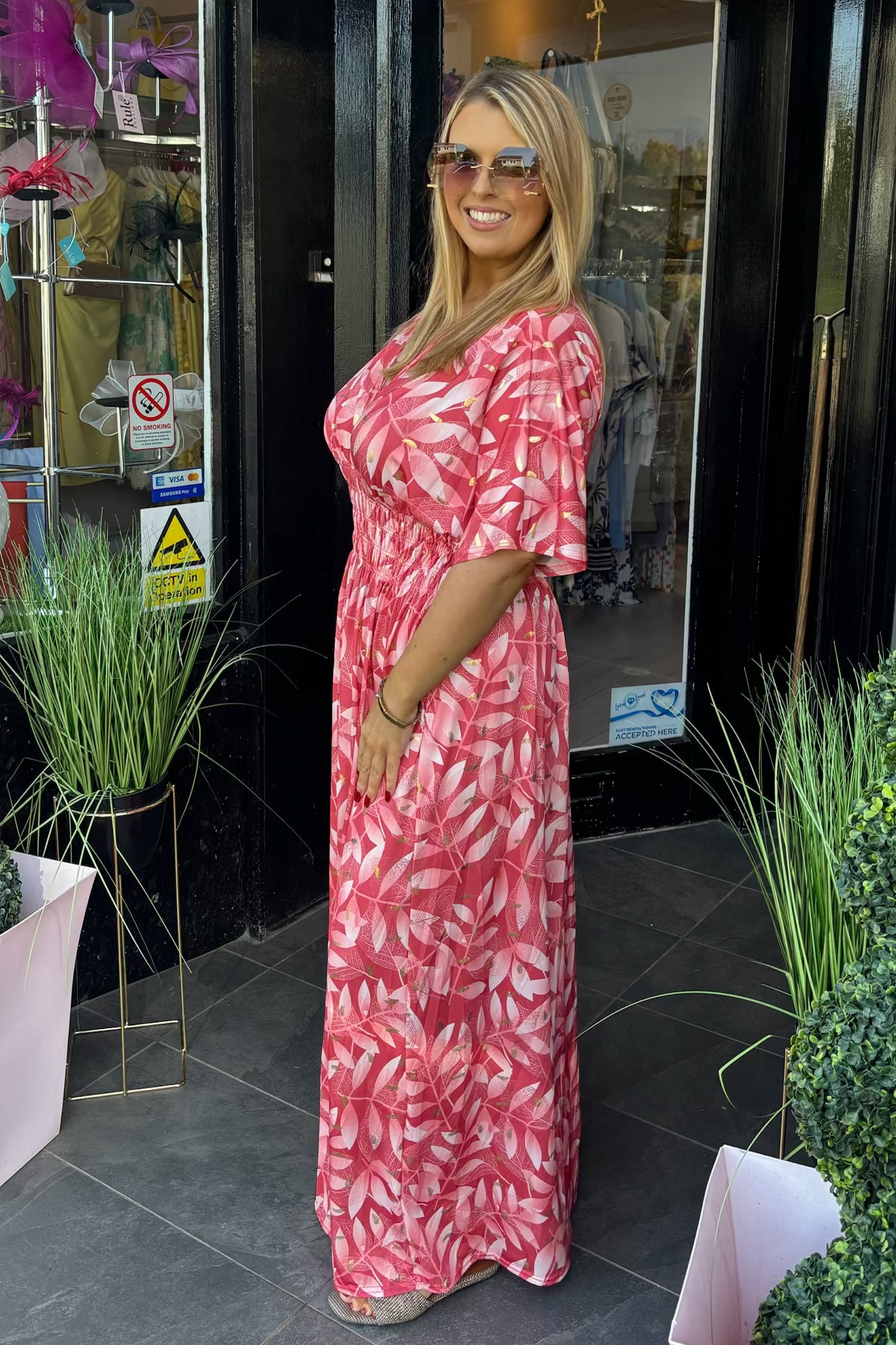 Mixed Berry Pink Tone Gold Metallic Lurex Leaf Print Summer Maxi Dress