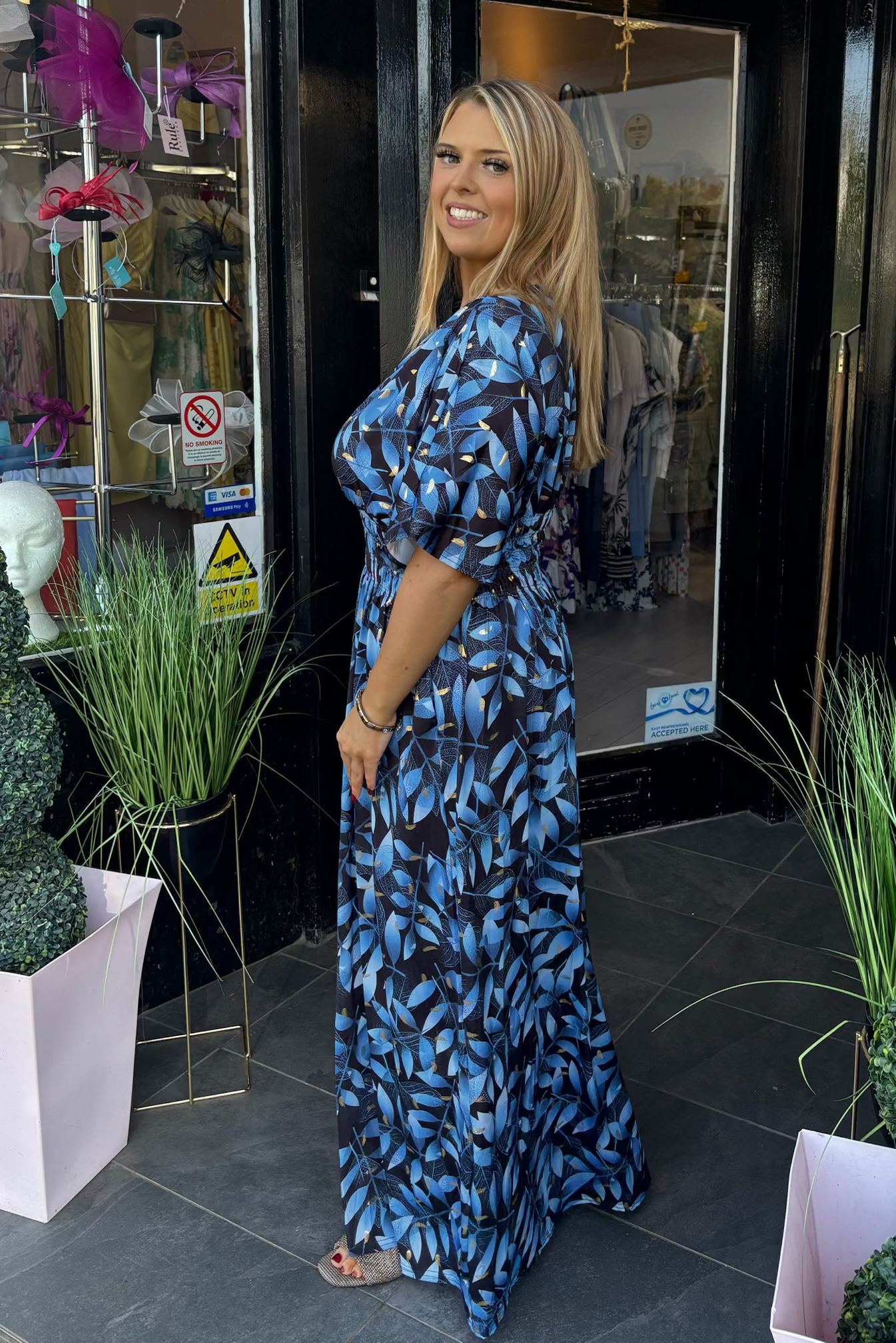 Mixed Blue & Black Gold Metallic Lurex Leaf Print Summer Maxi Dress