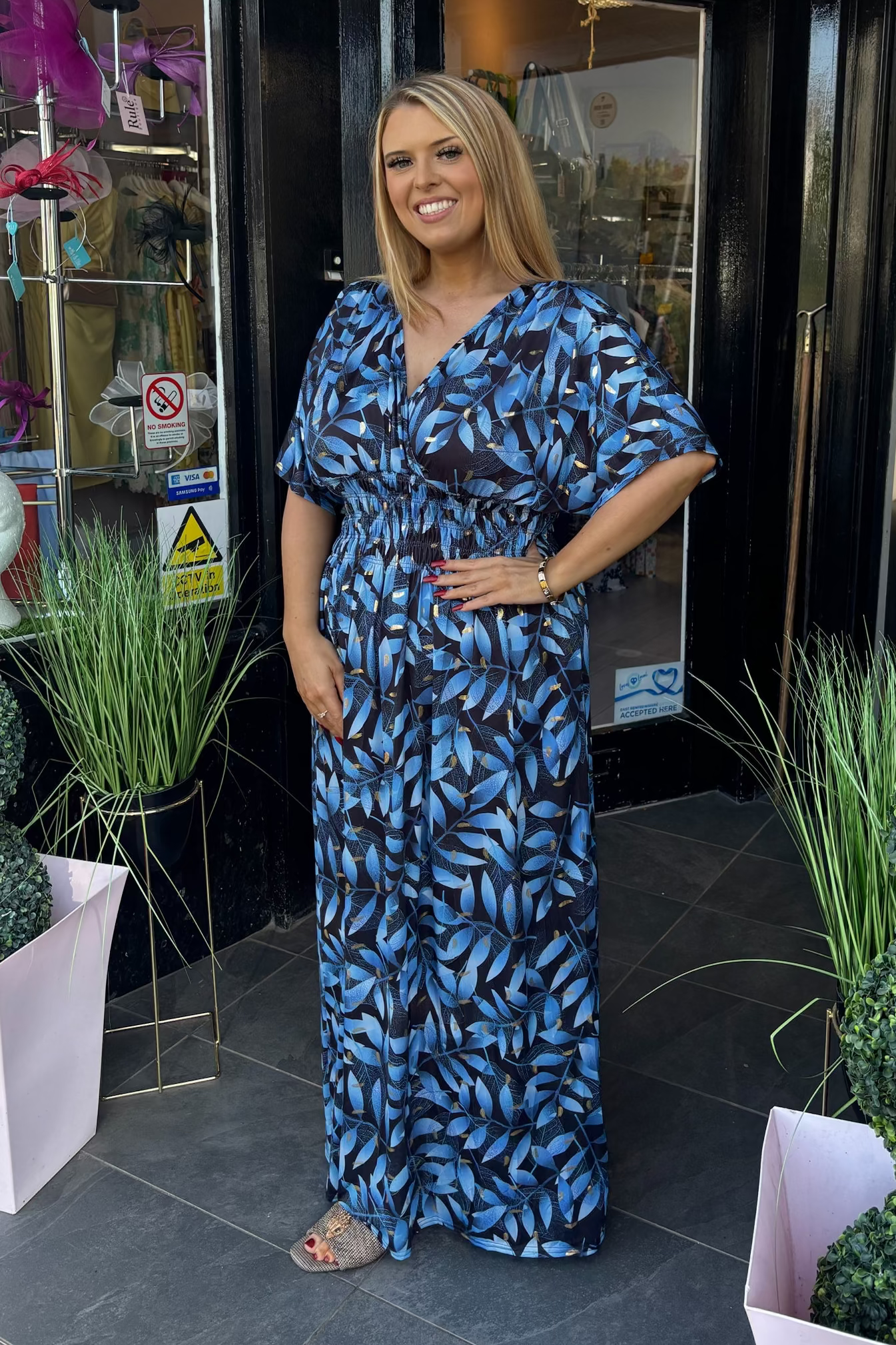 Mixed Blue & Black Gold Metallic Lurex Leaf Print Summer Maxi Dress