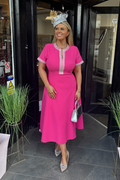 Pink Pearl Trim A Line Midi Dress