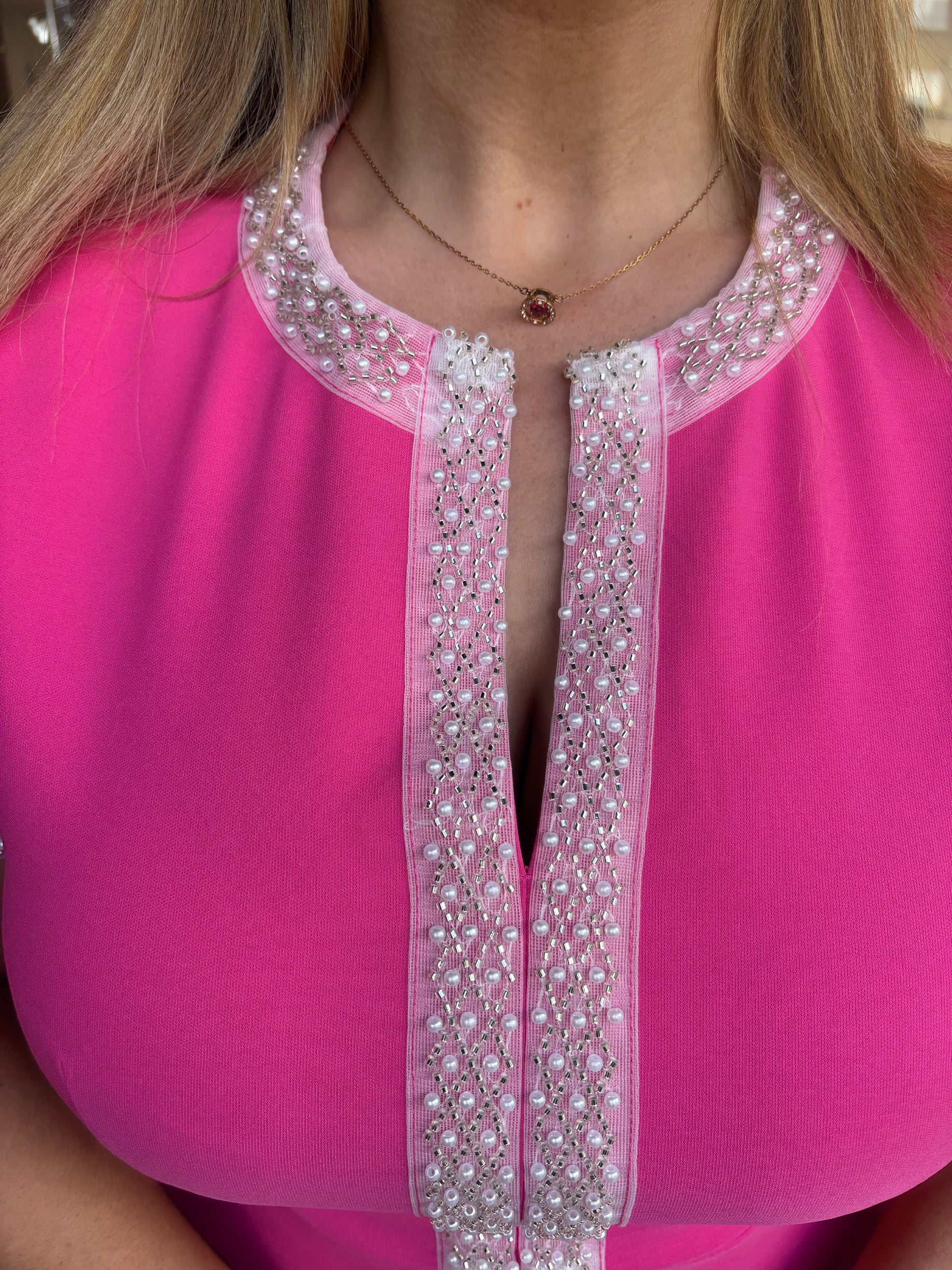 Pink Pearl Trim A Line Midi Dress