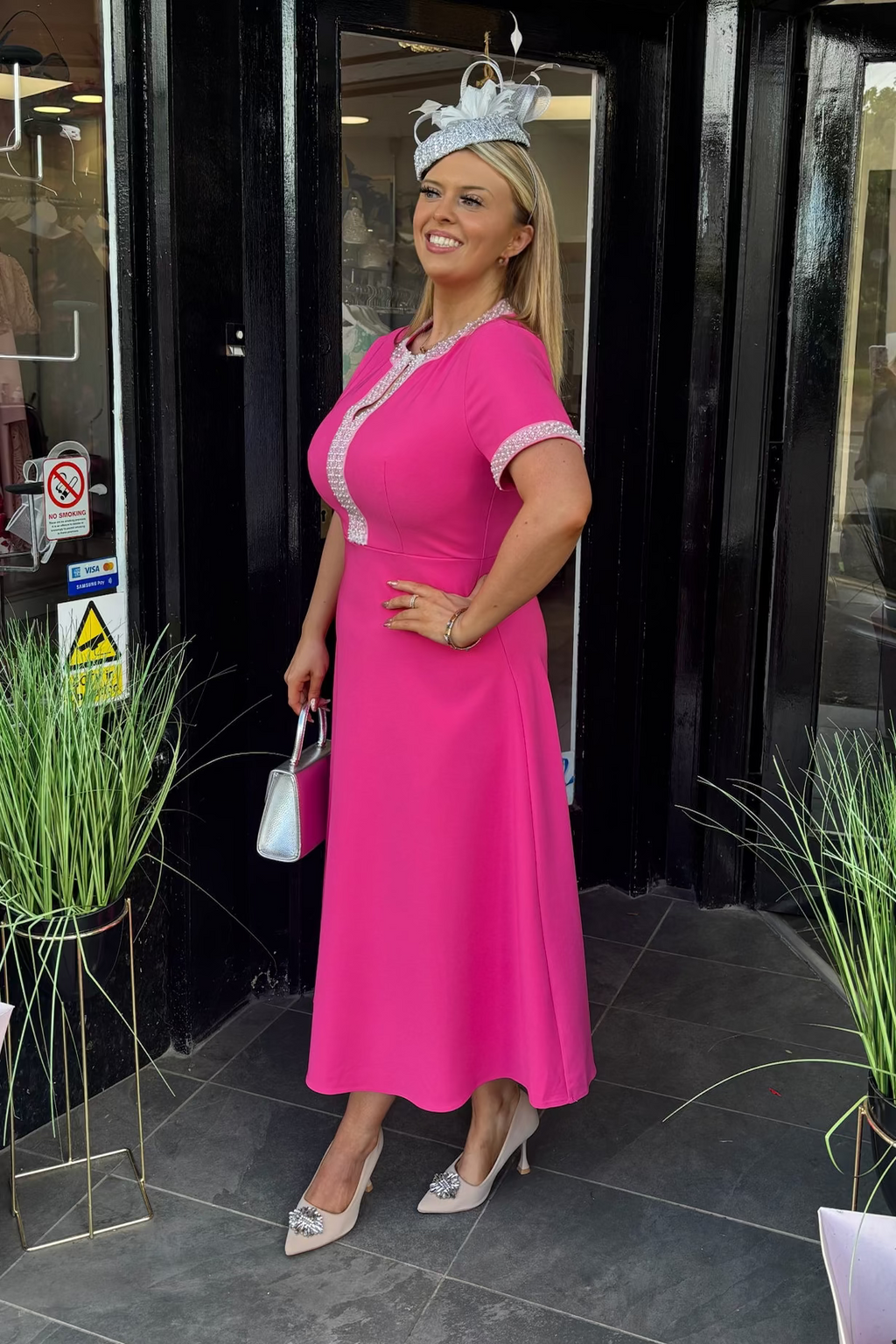 Pink Pearl Trim A Line Midi Dress