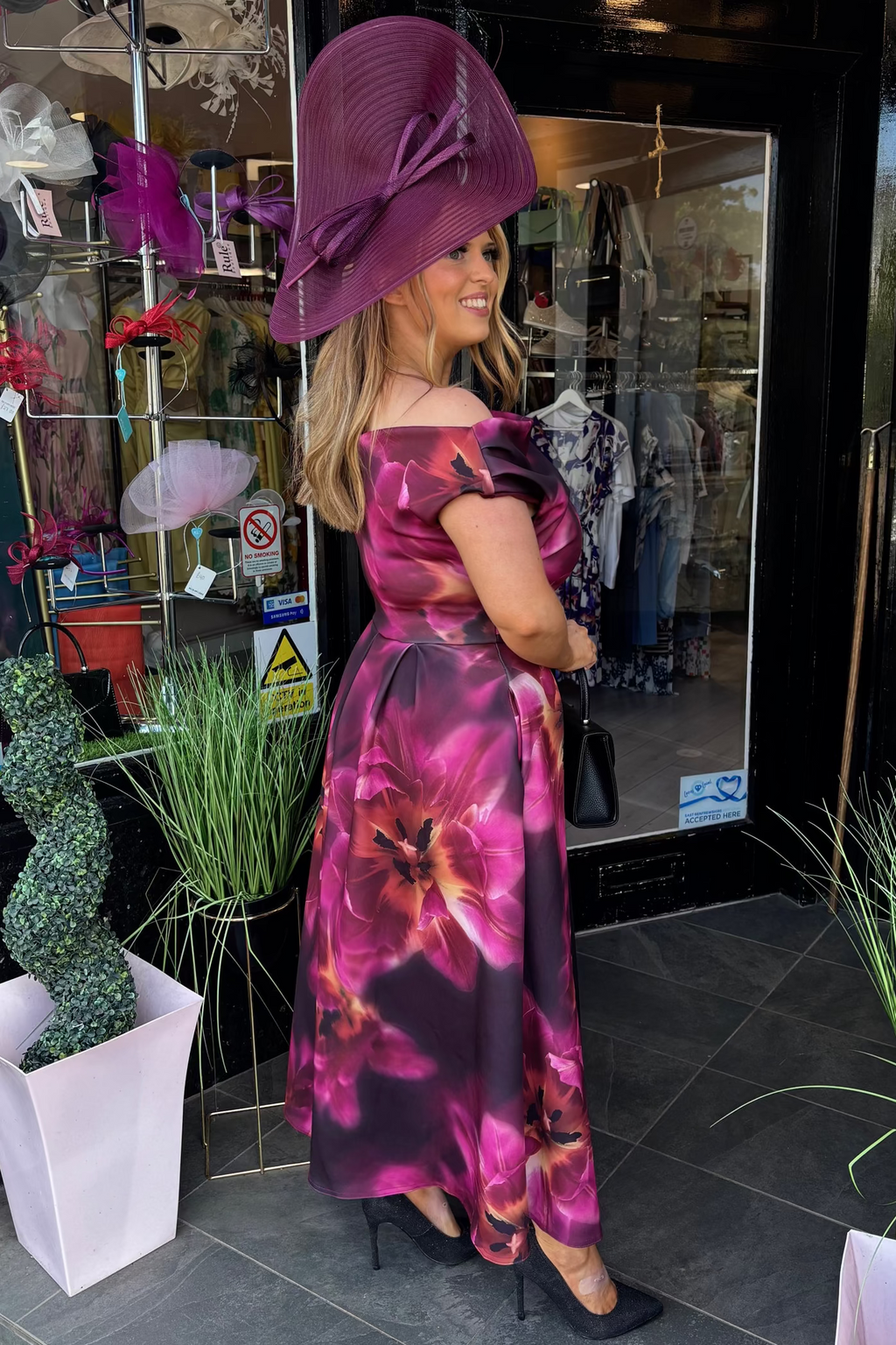 Mixed Raspberry Berry Tone & Black Floral Asymmetric Neckline A Line Midi Dress