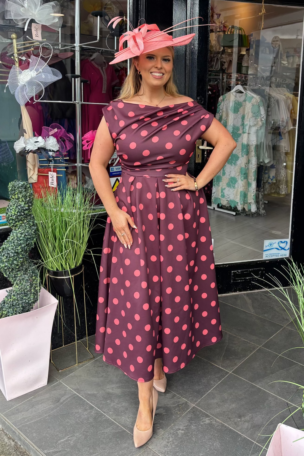 Peach & Marron Brown Polka Dot Asymmetric Neckline A Line Midi Dress