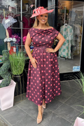 Peach & Marron Brown Polka Dot Asymmetric Neckline A Line Midi Dress