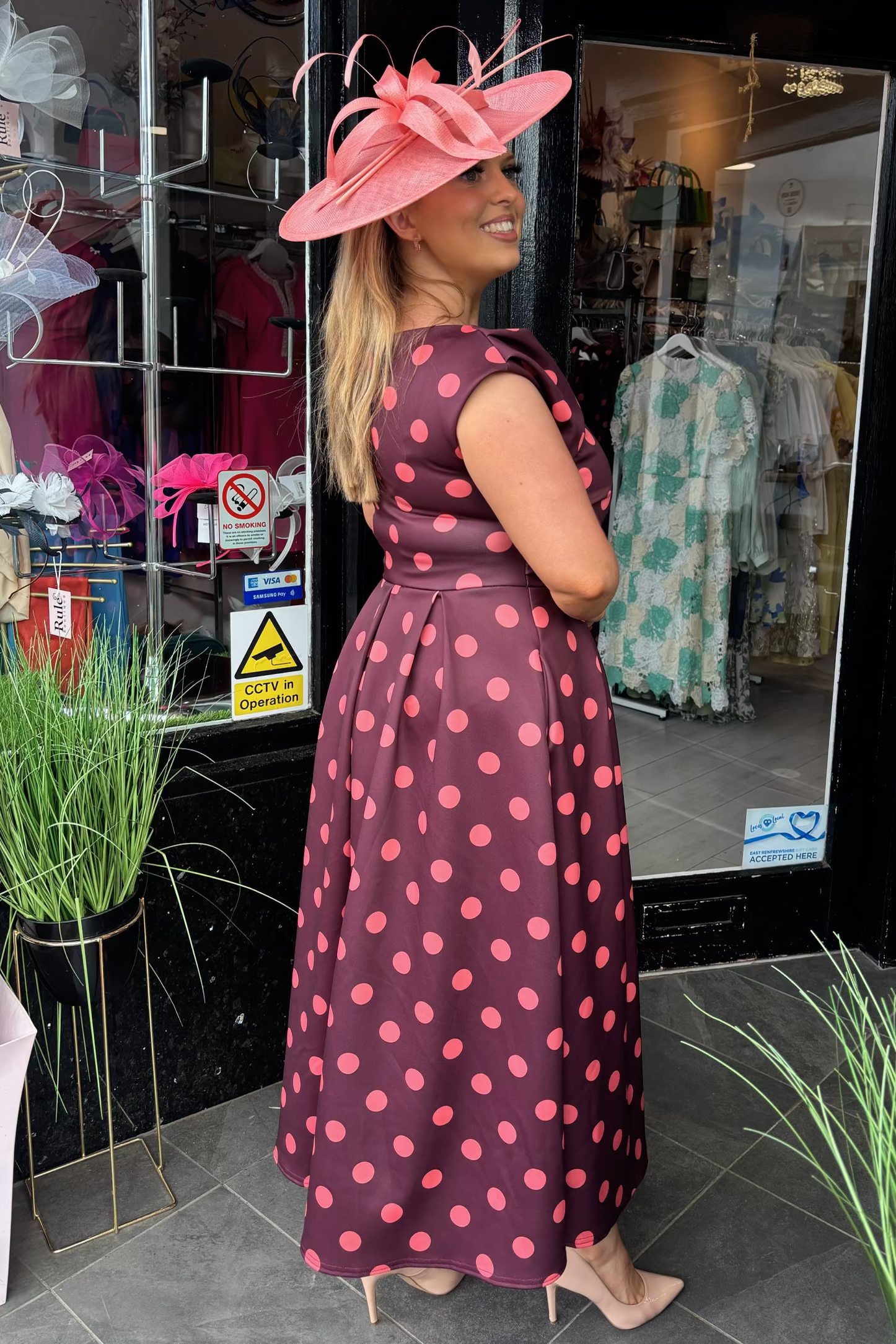 Peach & Marron Brown Polka Dot Asymmetric Neckline A Line Midi Dress