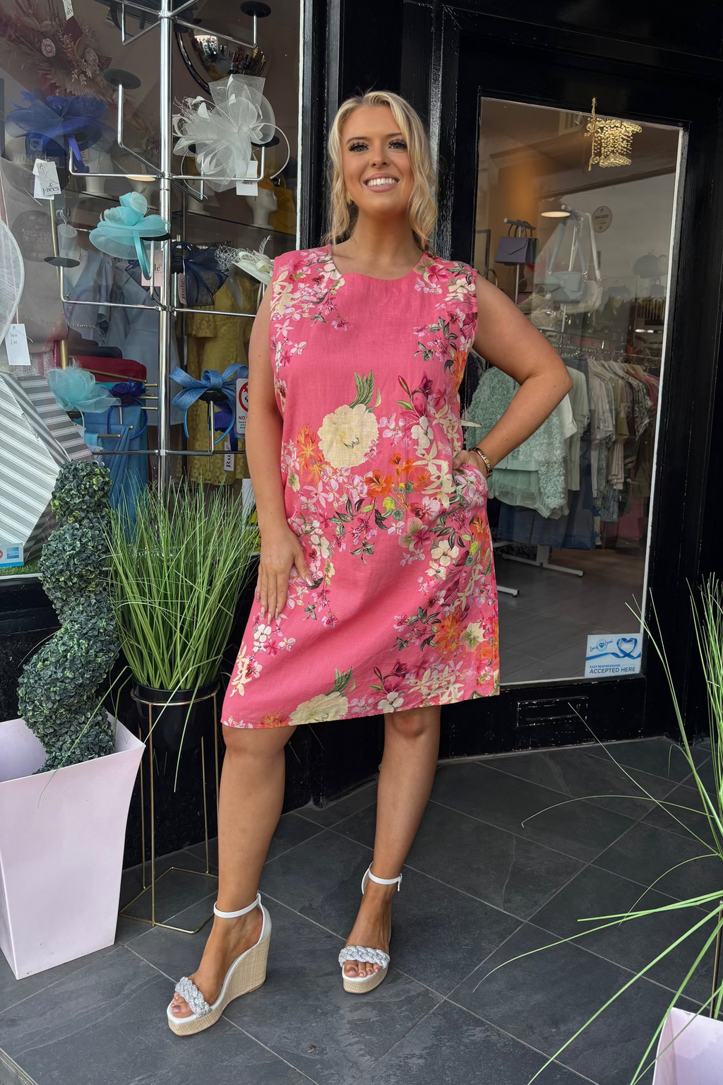 Pomodoro Pink Floral Tropical Shift Dress