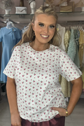 Fransa Cream & Cherry Print Ribbed Top