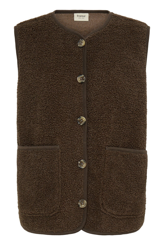 Fransa Hot Fudge Brown Teddy Button Gilet