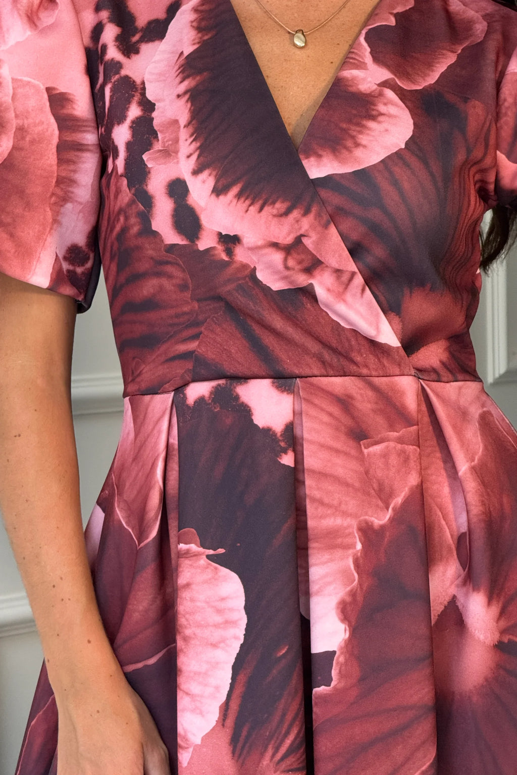 Mixed Pink & Wine Tone Floral Puff Sleeve A Line Dress