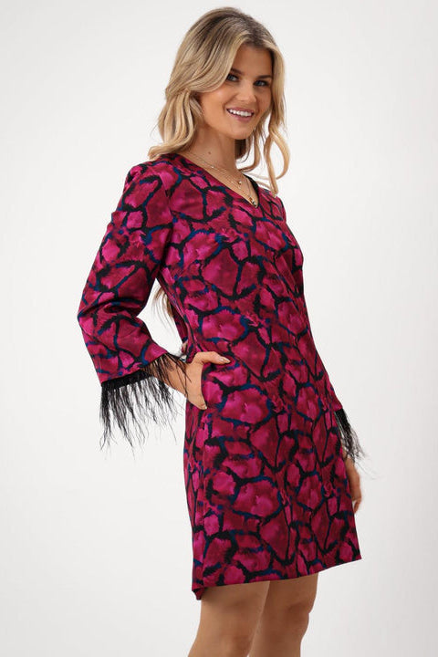 Kate & Pippa Mixed Orchid, Navy & Black Abstract Feather Sleeve Shift Mini Dress