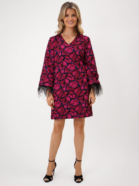 Kate & Pippa Mixed Orchid, Navy & Black Abstract Feather Sleeve Shift Mini Dress