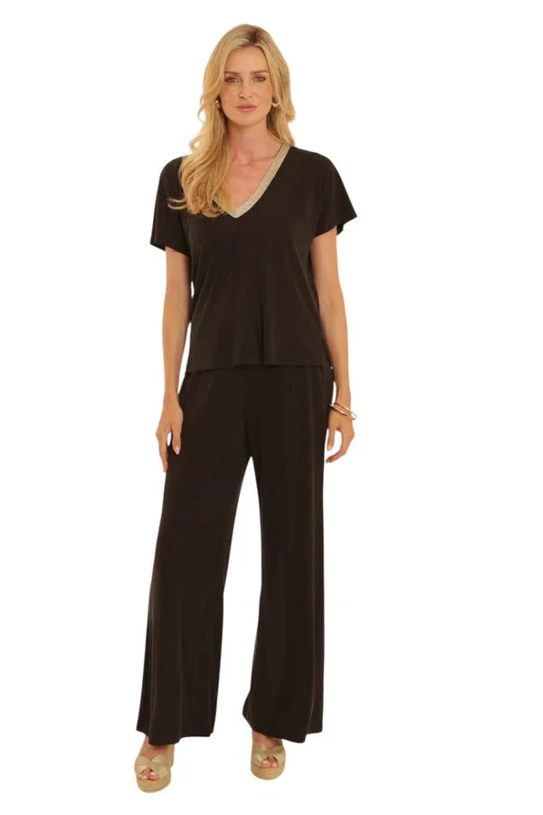 Pomodoro Black & Gold Belt Wide Leg Relaxed Stretch Trousers