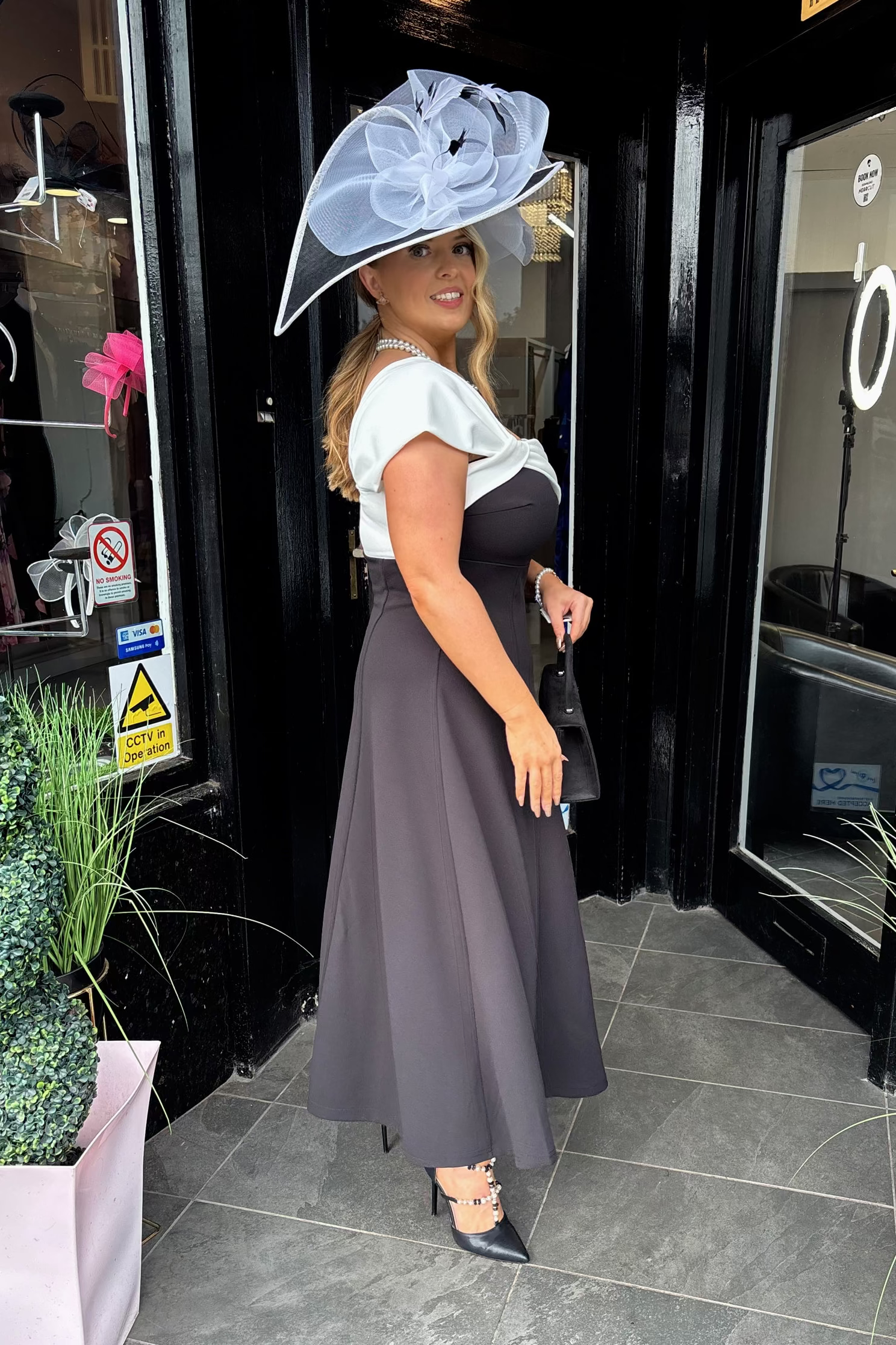 Black & White Bow One Shoulder A Line Midi Dress