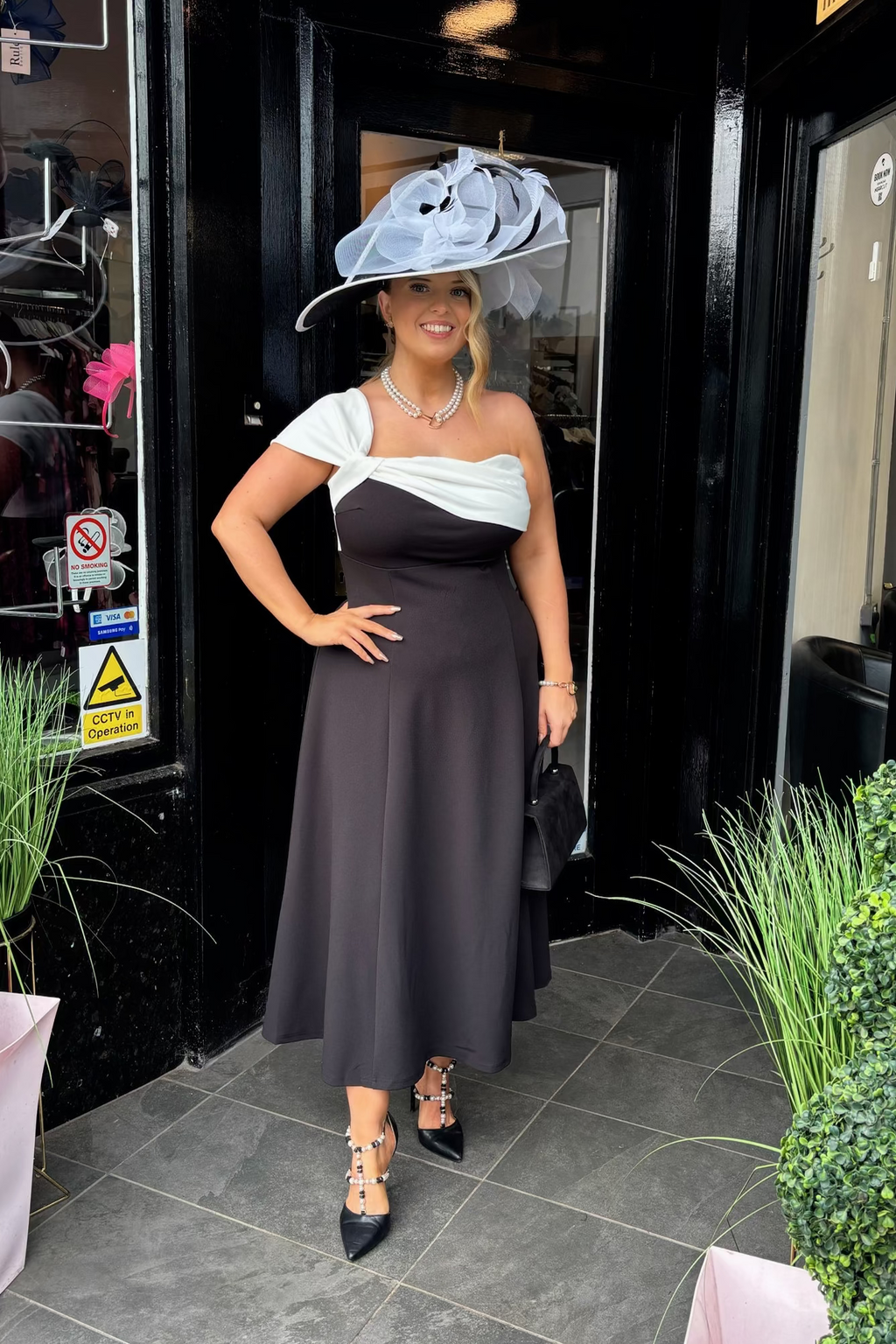 Black & White Bow One Shoulder A Line Midi Dress