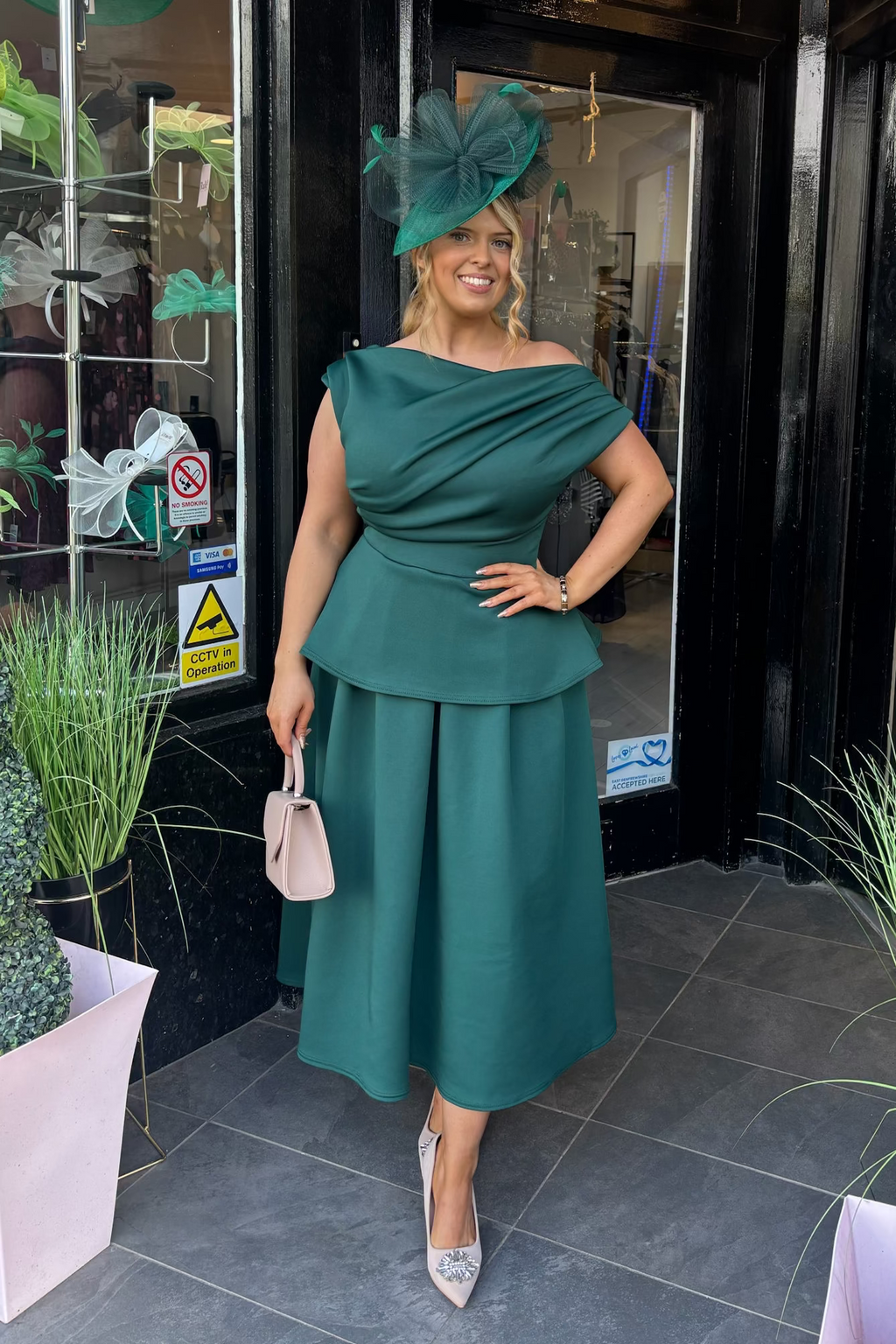 Forrest Green Peplum Asymmetric Neckline A Line Midi Dress