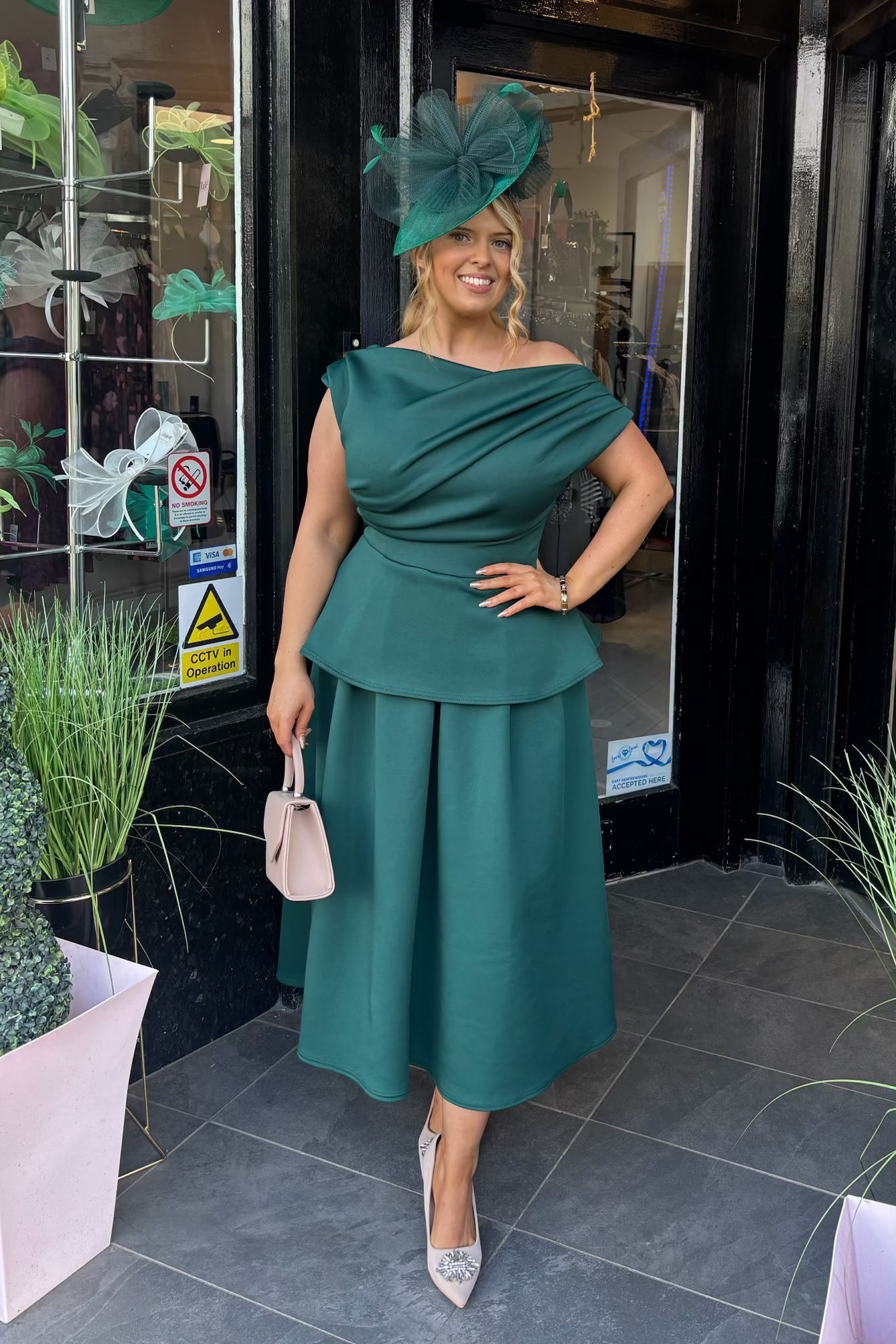 Forrest Green Peplum Asymmetric Neckline A Line Midi Dress