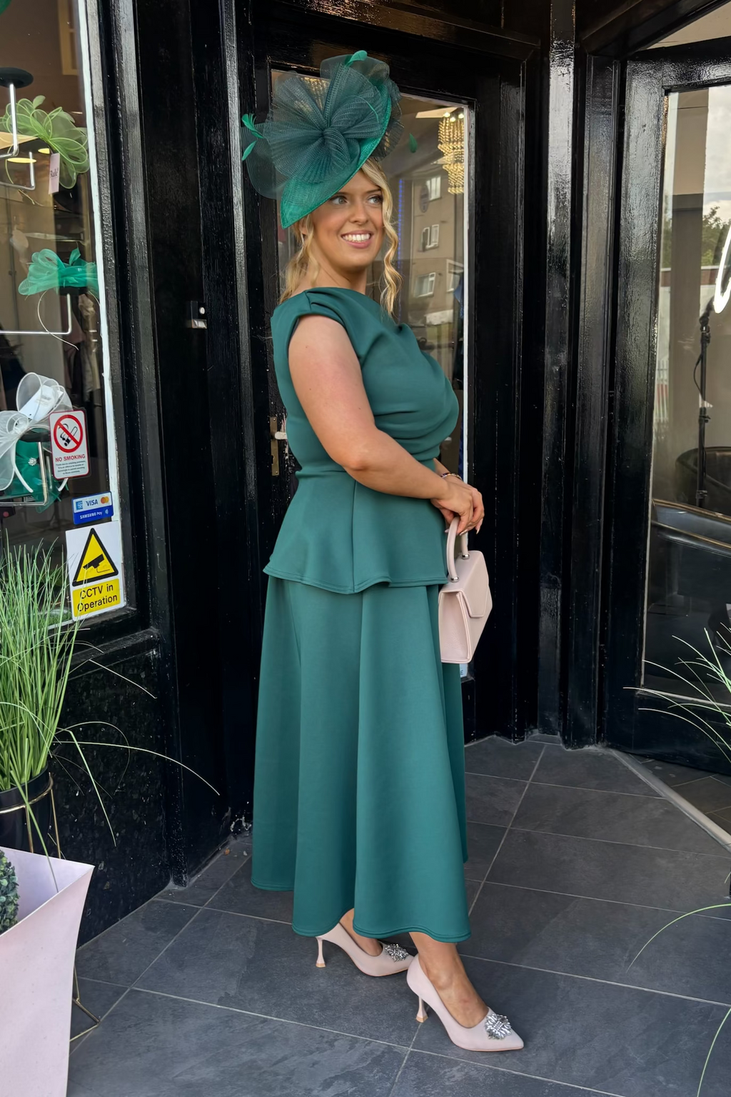 Forrest Green Peplum Asymmetric Neckline A Line Midi Dress