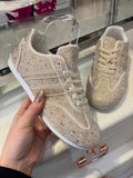 Beige Rhinestone Crystal Embellished Faux Suede Flat Trainers