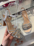 Silver Crystal Cross Strap Low Heel Sandal