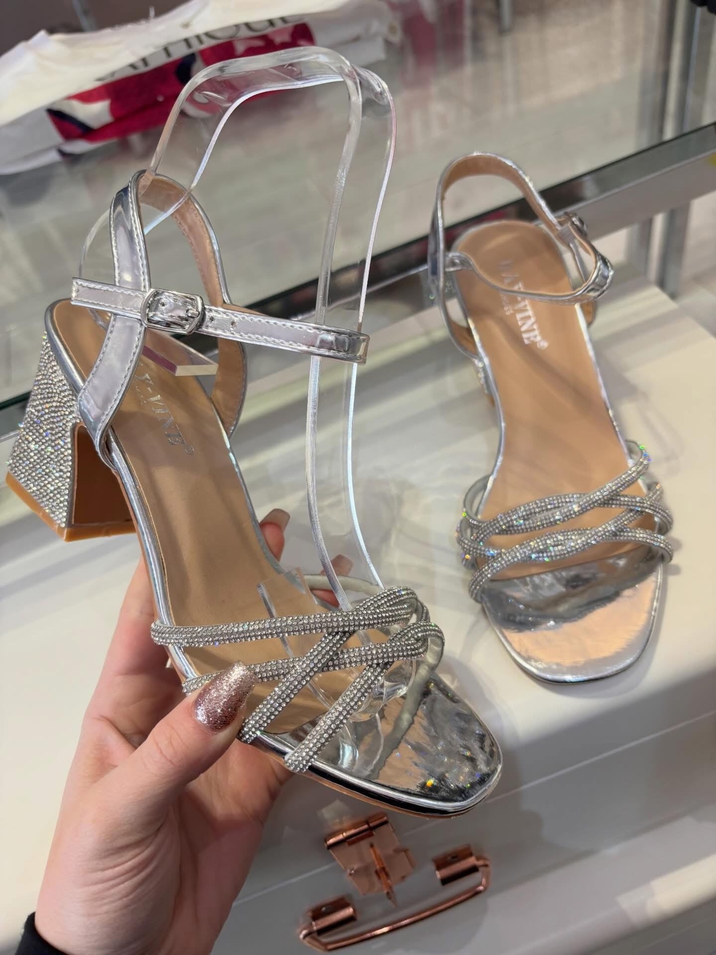 Silver Crystal Cross Strap Low Heel Sandal
