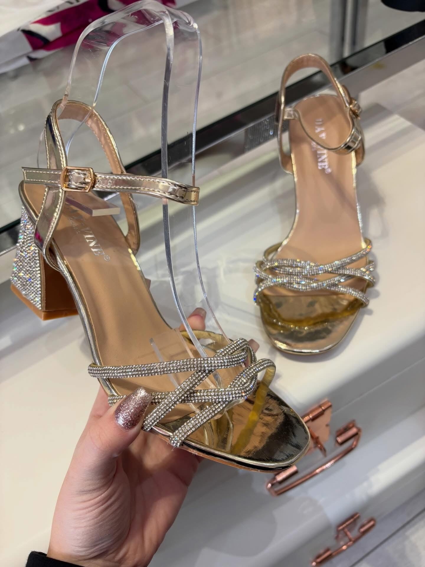 Gold Crystal Cross Strap Low Heeled Sandal