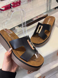 Black Vegan Leather & Gold Buckle Wedge Slider Sandals