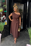 Chocolate Brown & Gold Buckle Asymmetric Neckline A Line Midi Dress