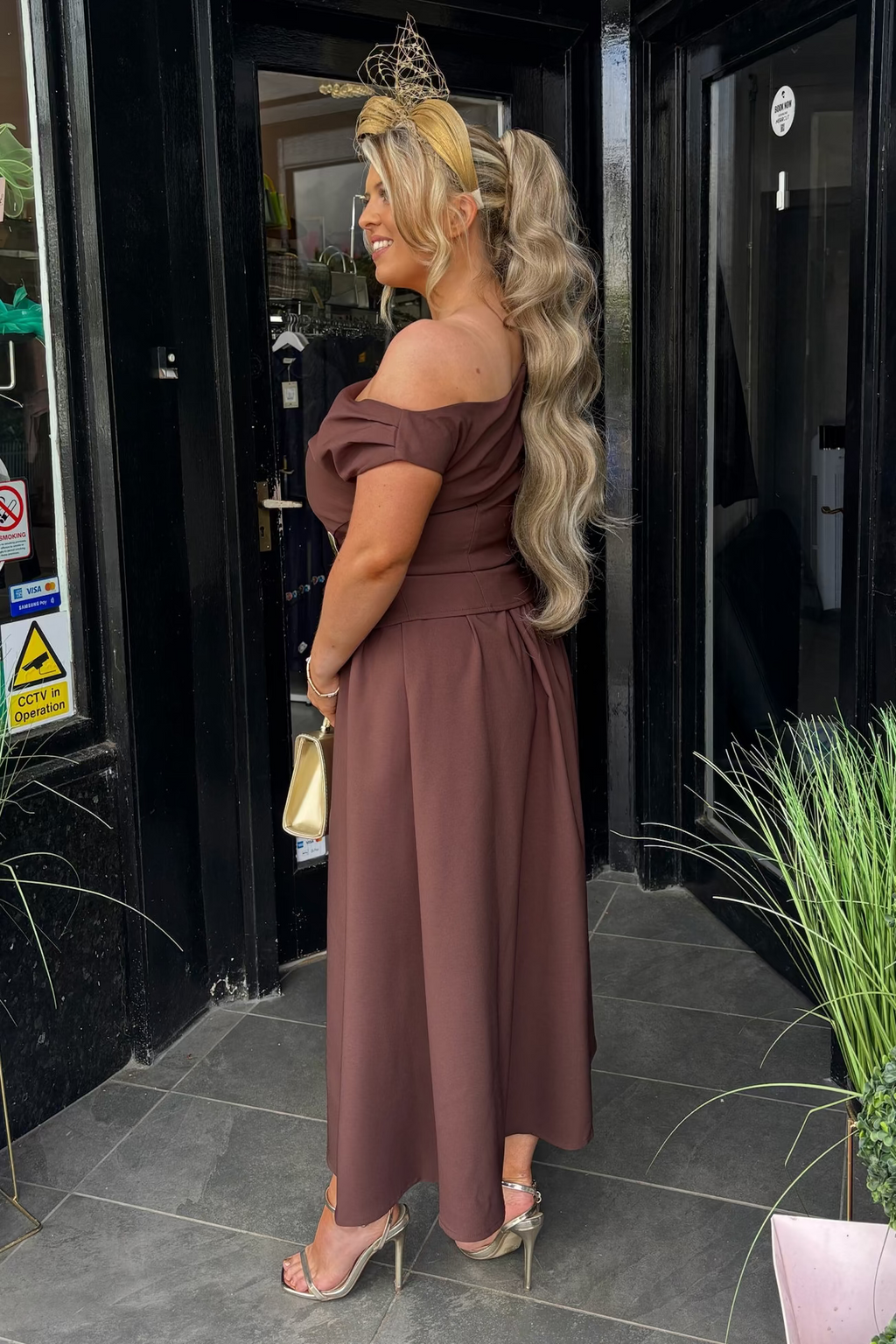 Chocolate Brown & Gold Buckle Asymmetric Neckline A Line Midi Dress