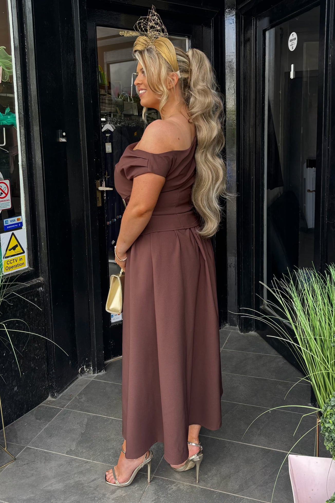 Chocolate Brown & Gold Buckle Asymmetric Neckline A Line Midi Dress