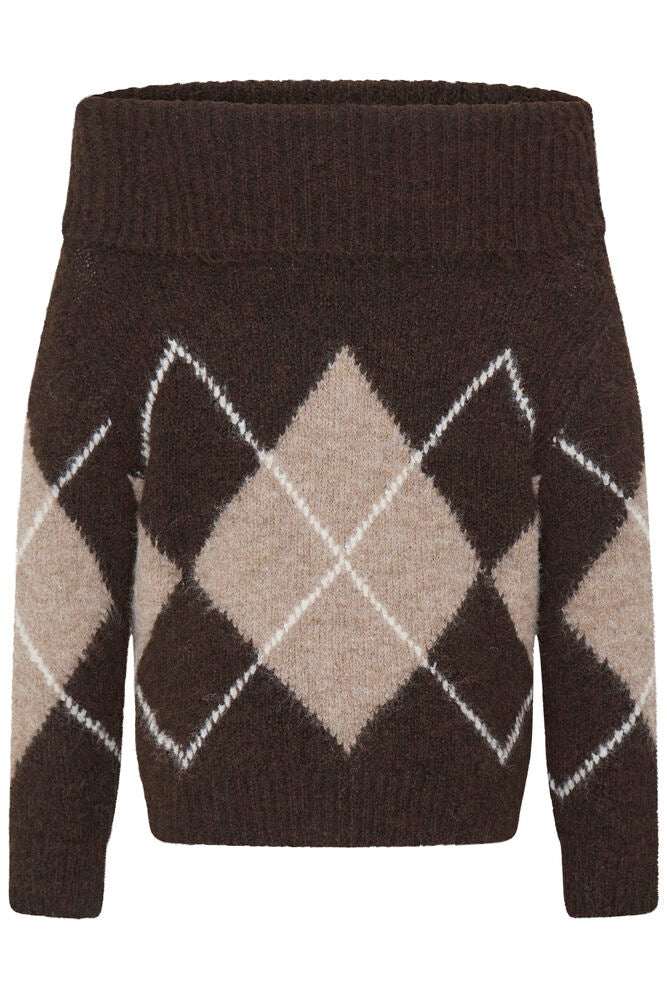Fransa Hot Fudge Brown Argyle Print Wool Blend Jumper