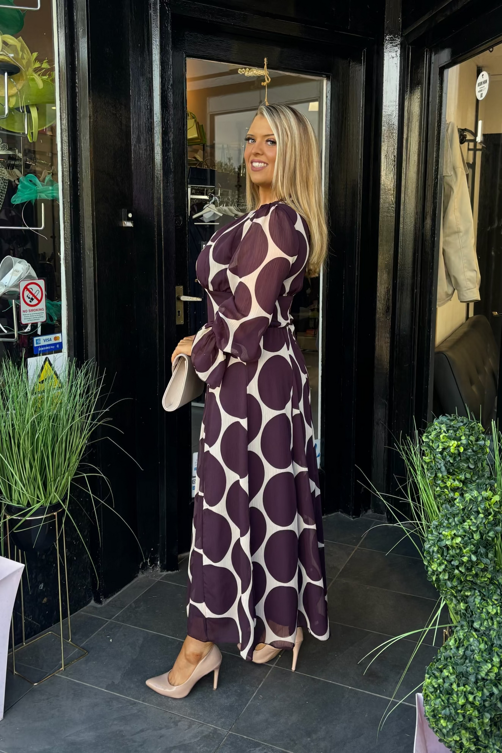 Purple Plum & Neutral Abstract Spot Midi Dress