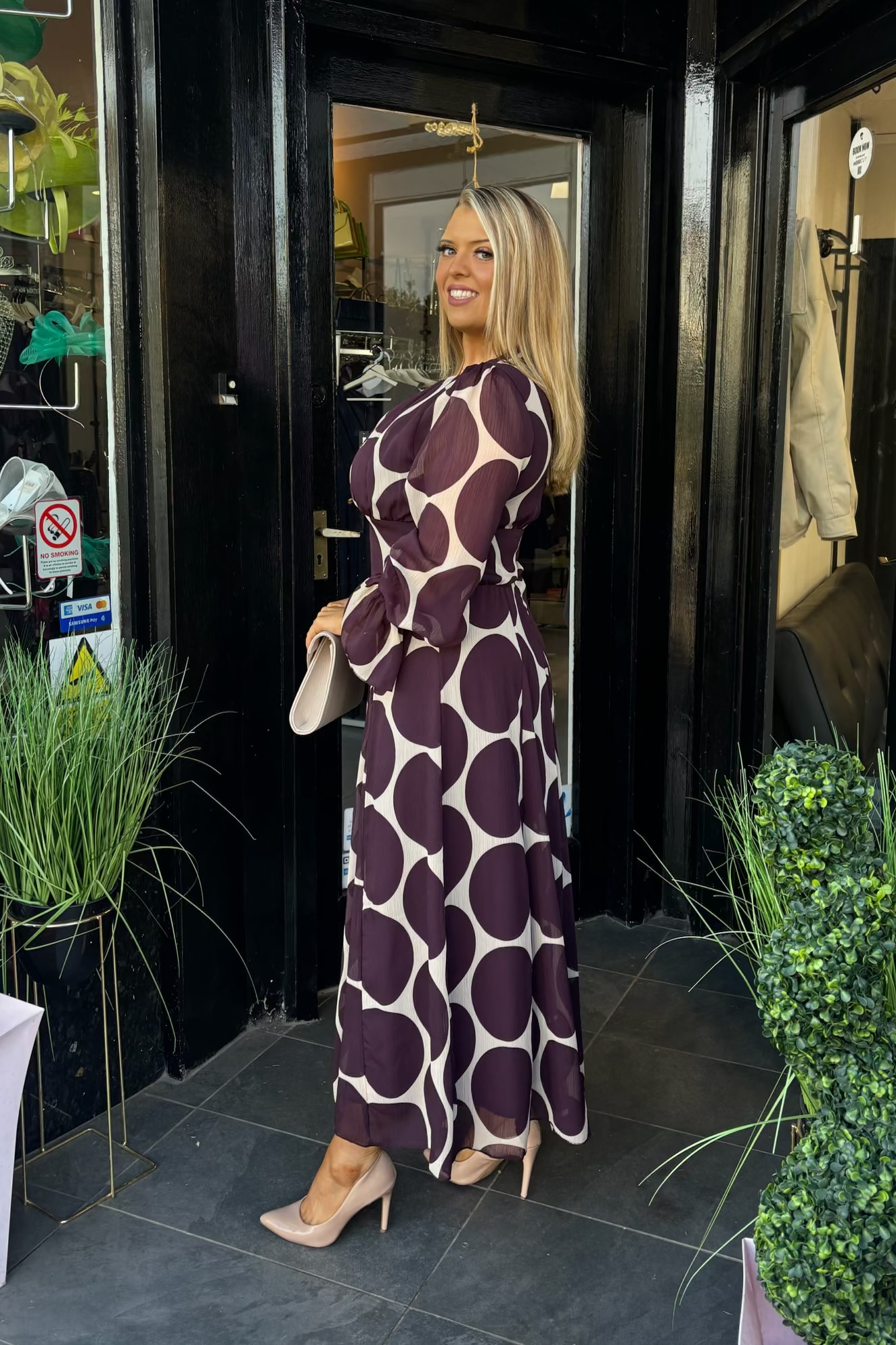 Purple Plum & Neutral Abstract Spot Midi Dress