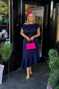 Navy Blue Asymmetric Frill Hem Scuba Midi Dress