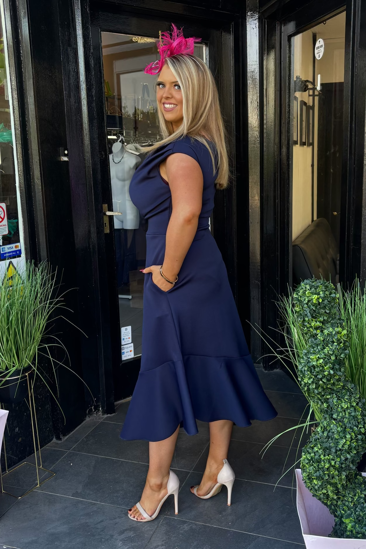 Navy Blue Asymmetric Frill Hem Scuba Midi Dress