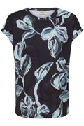 Fransa Mixed Aqua & Navy Blue Tone Floral Print Short Sleeve Top
