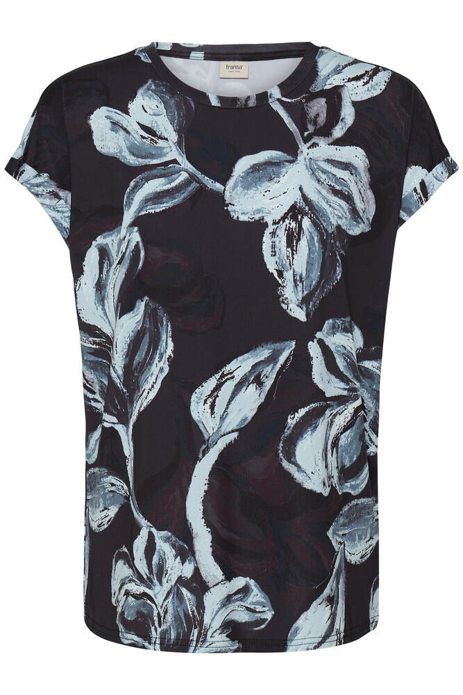 Fransa Mixed Aqua & Navy Blue Tone Floral Print Short Sleeve Top