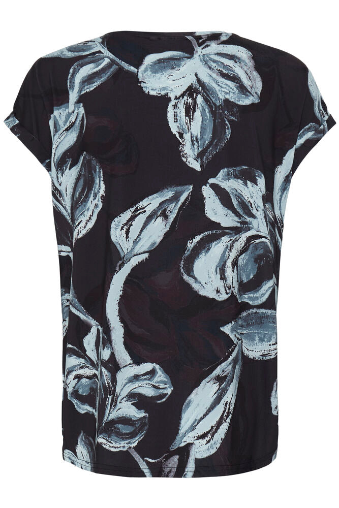 Fransa Mixed Aqua & Navy Blue Tone Floral Print Short Sleeve Top