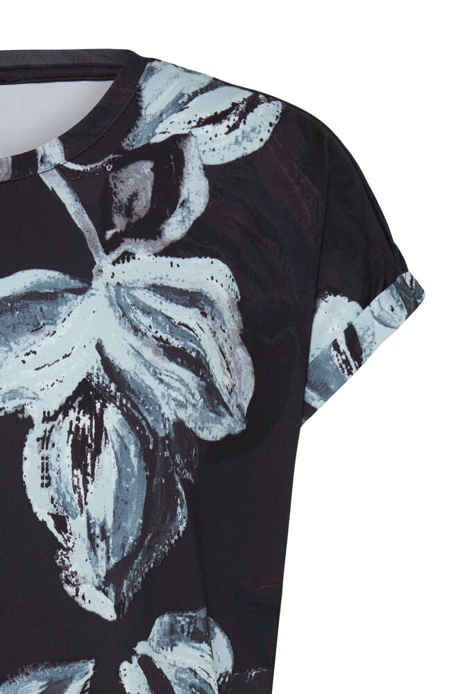 Fransa Mixed Aqua & Navy Blue Tone Floral Print Short Sleeve Top