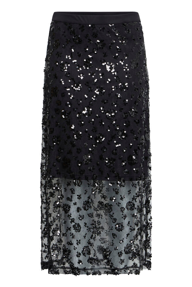 Fransa Meteorite Black Sequin Embellished Midi Skirt