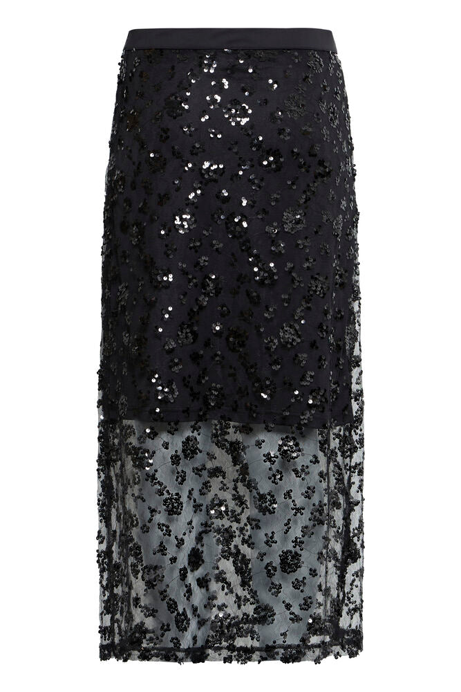 Fransa Meteorite Black Sequin Embellished Midi Skirt