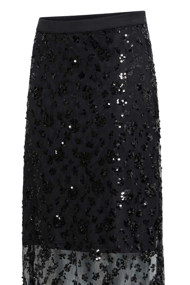 Fransa Meteorite Black Sequin Embellished Midi Skirt