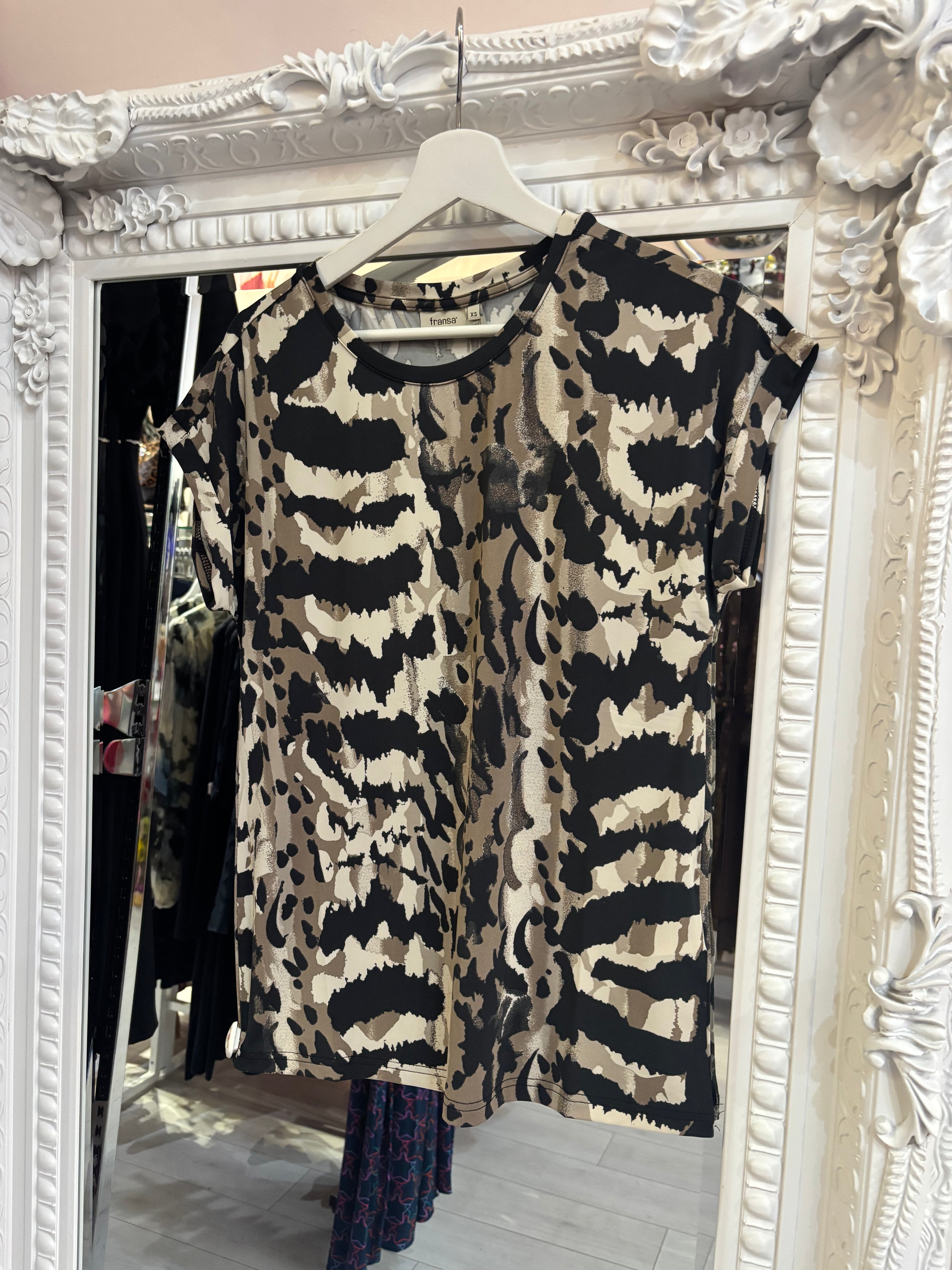 Fransa Mixed Neutral & Black Animal Print Top