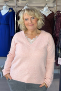 Fransa Light Pink & Silver Grey Lace Detail Jumper