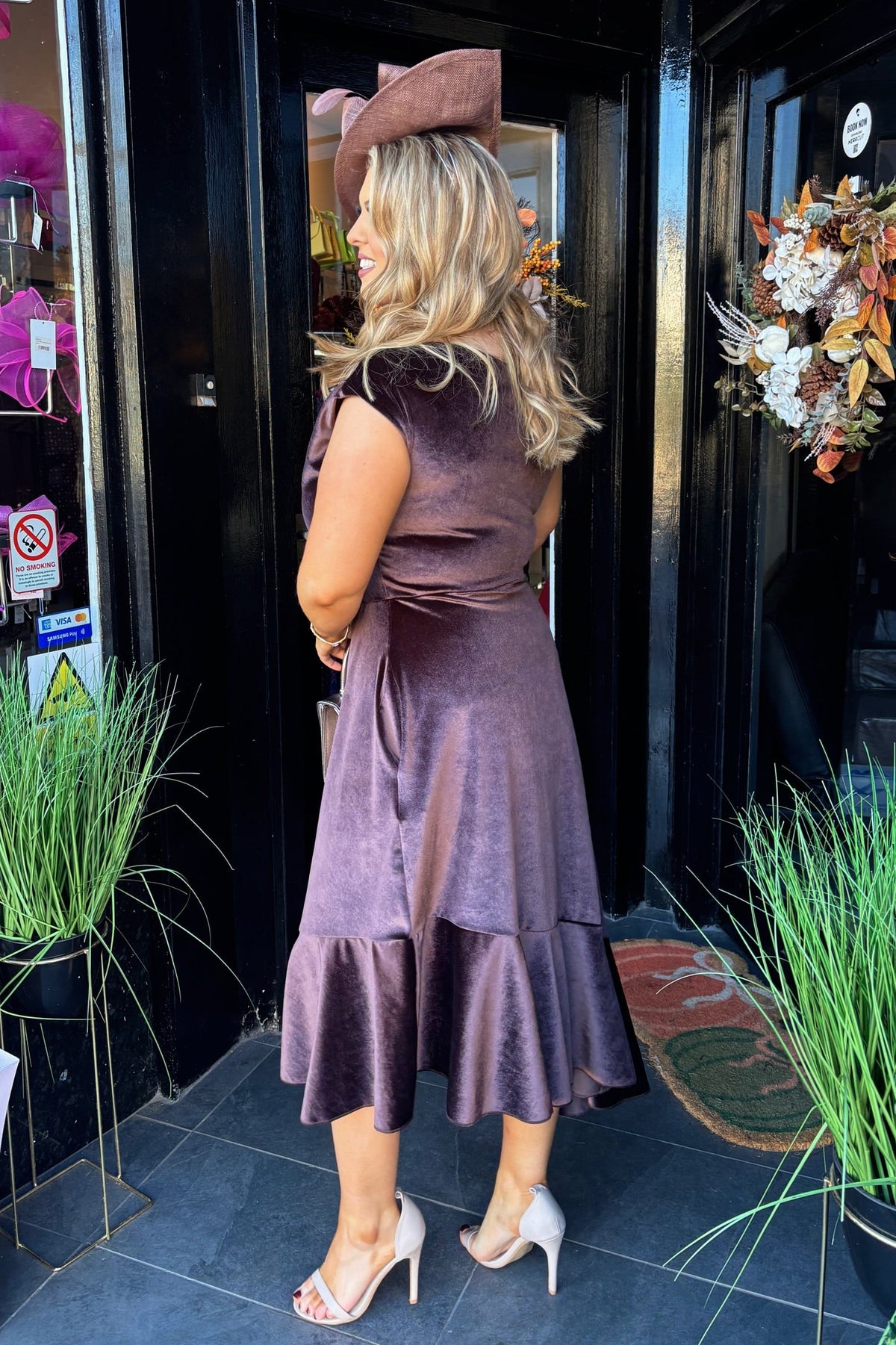 Brown Velvet Asymmetric Frill Hem Midi Dress