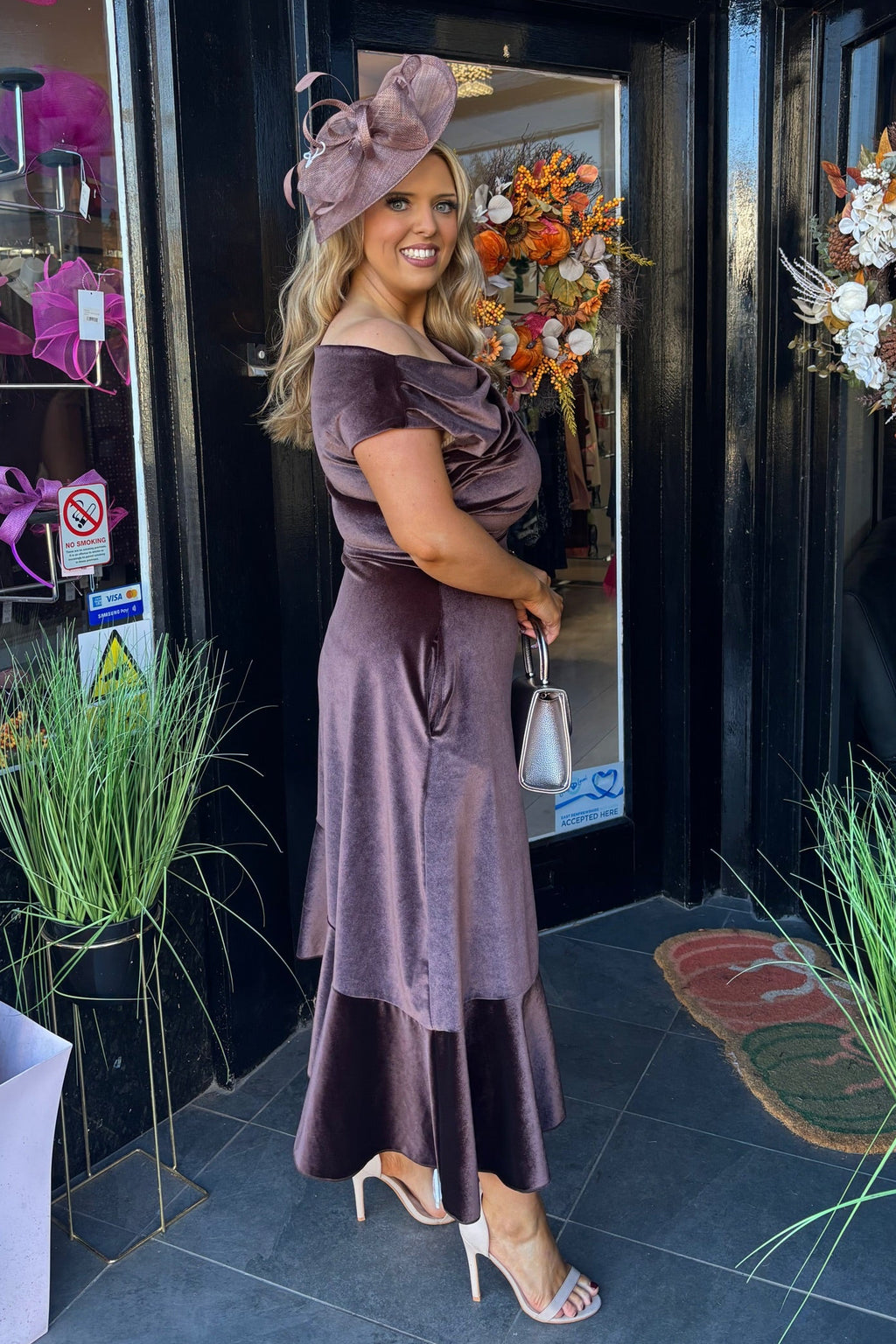 Brown Velvet Asymmetric Frill Hem Midi Dress
