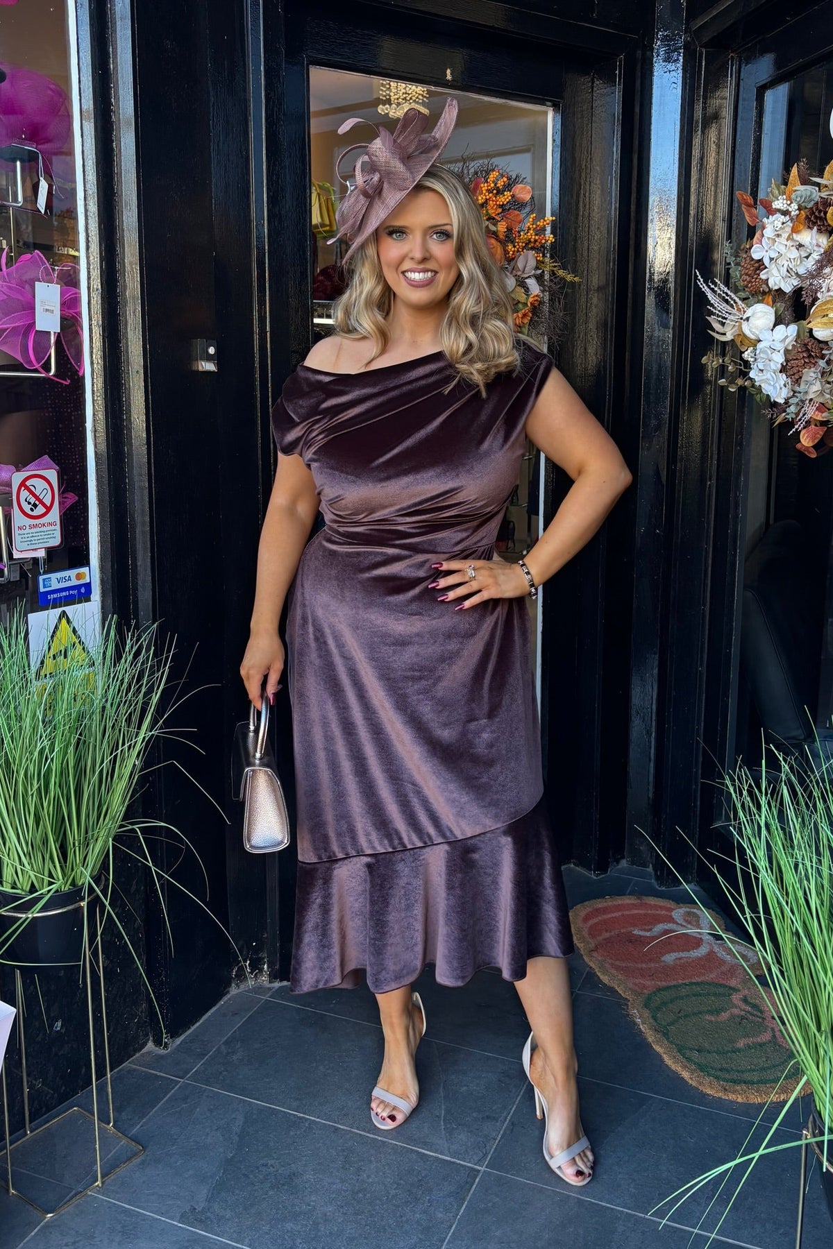 Brown Velvet Asymmetric Frill Hem Midi Dress