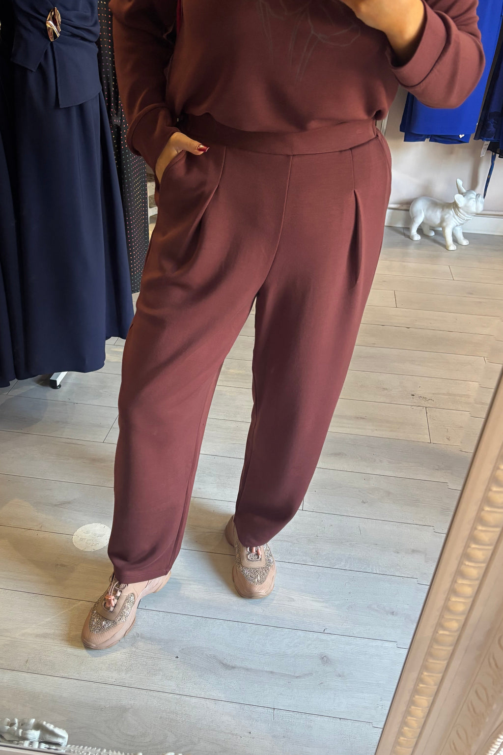 Fransa Rum Raisin Red Super Soft Modal Carrot Leg Tapered Trousers